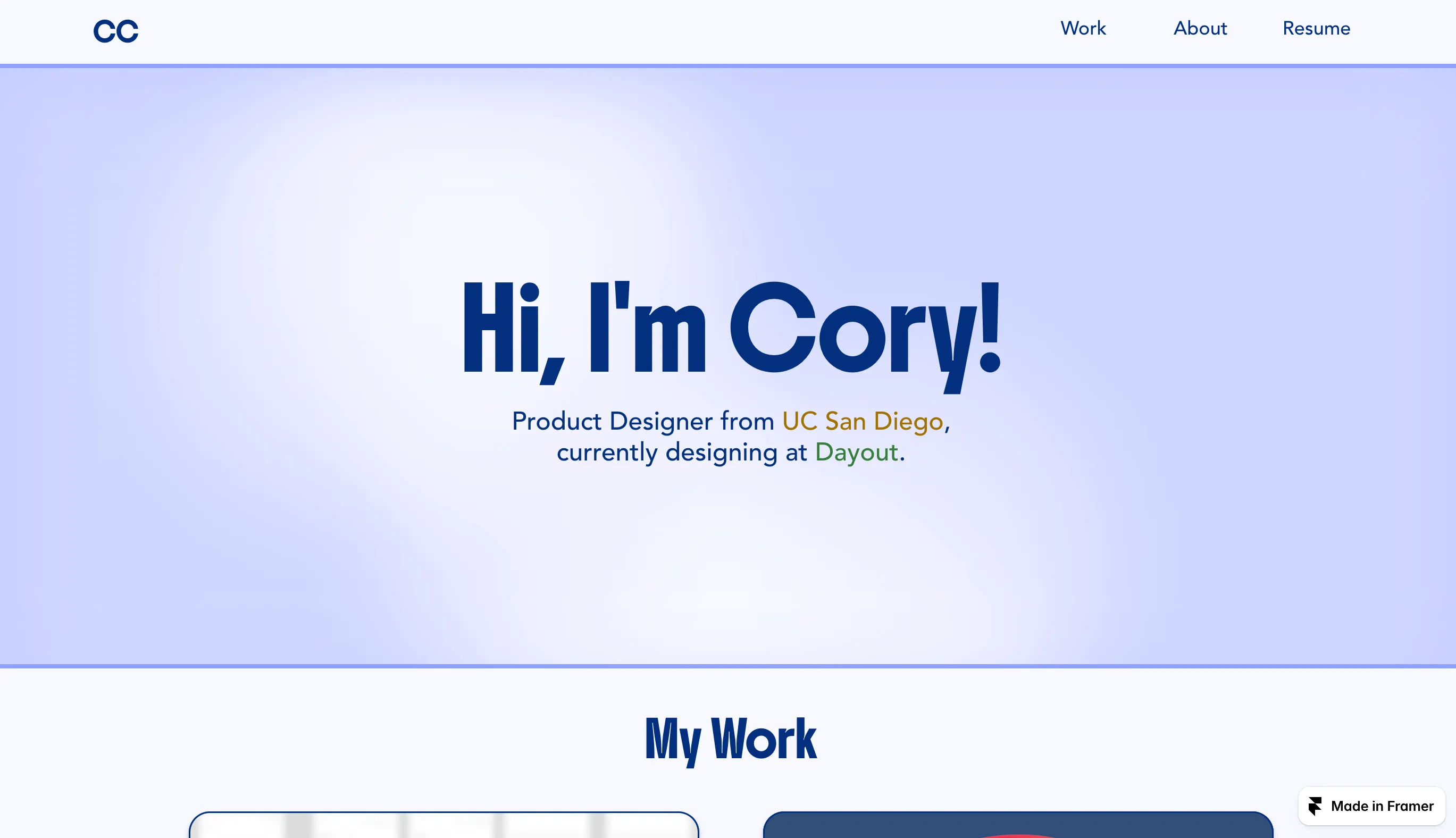 Screenshot of Cory's UX portfolio